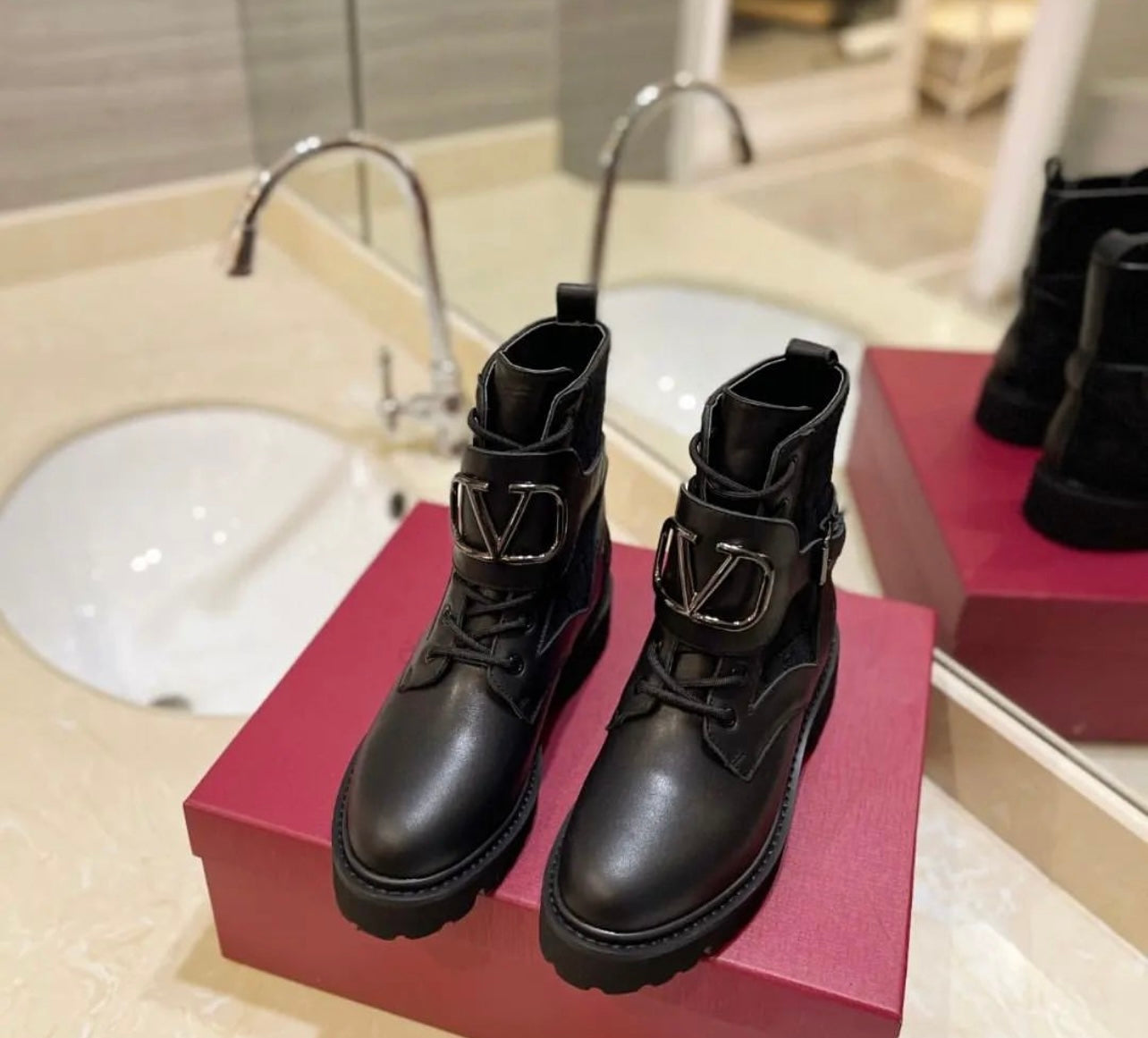 V Logo Combat Boots