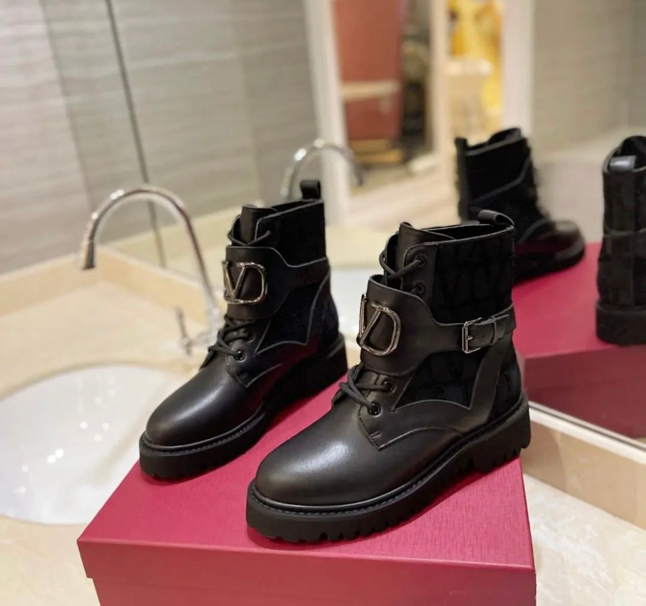 V Logo Combat Boots