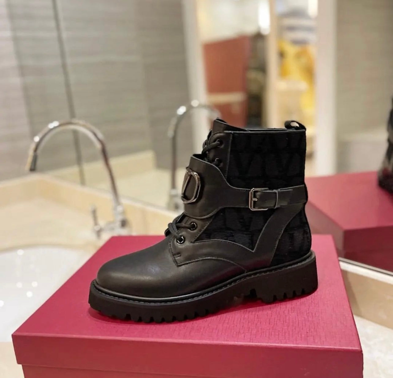 V Logo Combat Boots