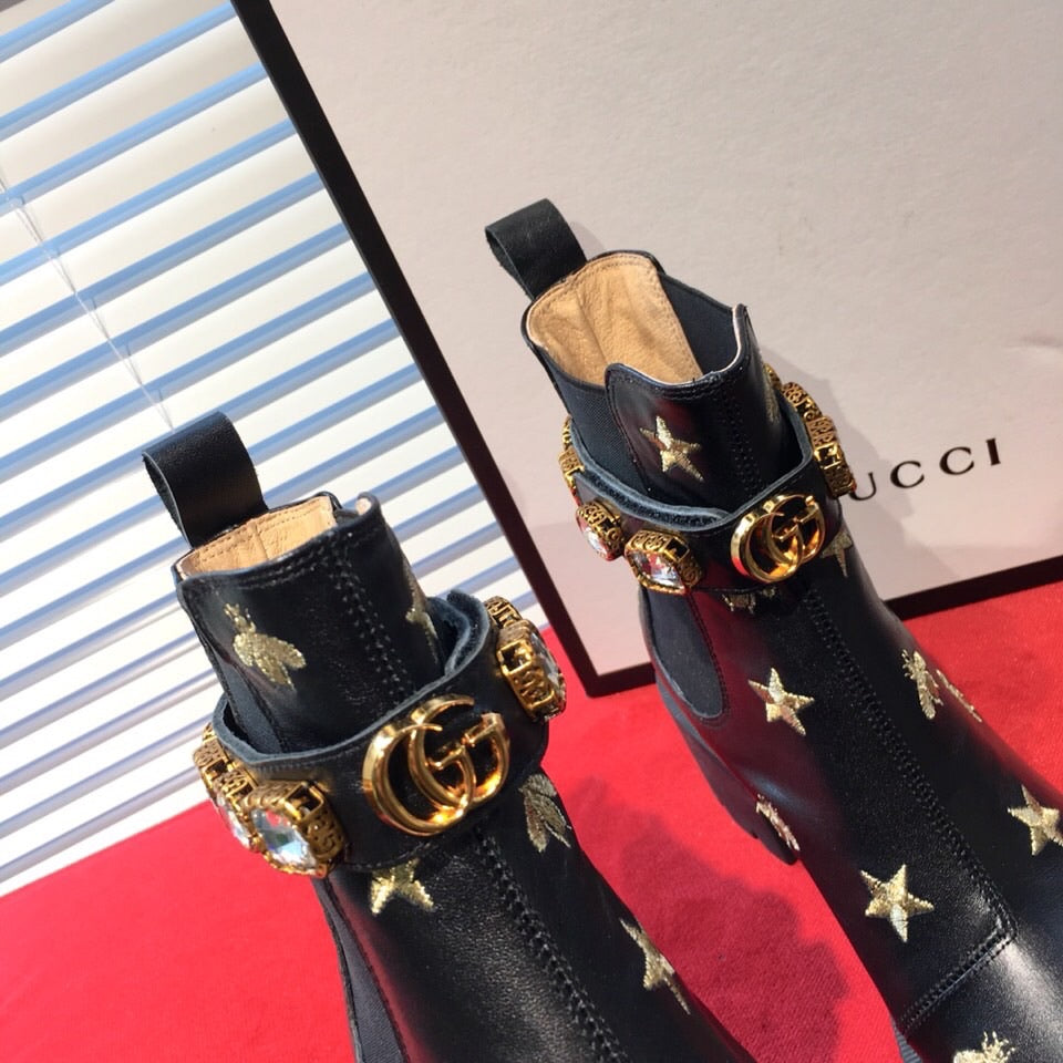 Leather Embroidered Ankle Boots