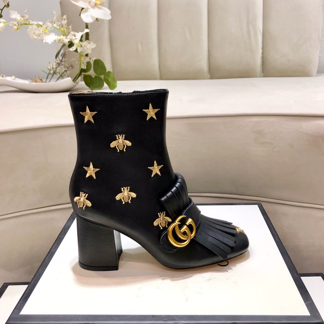 Leather Embroidered Ankle Boots