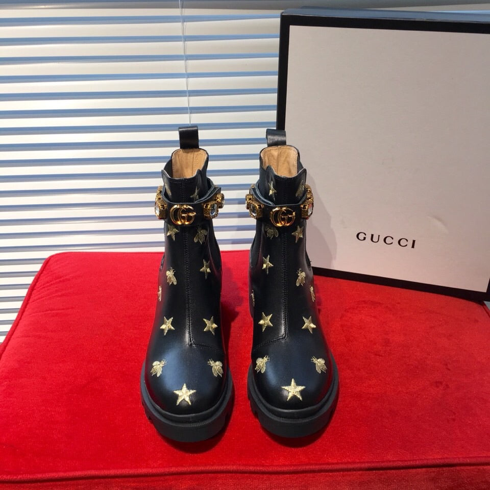 Leather Embroidered Ankle Boots