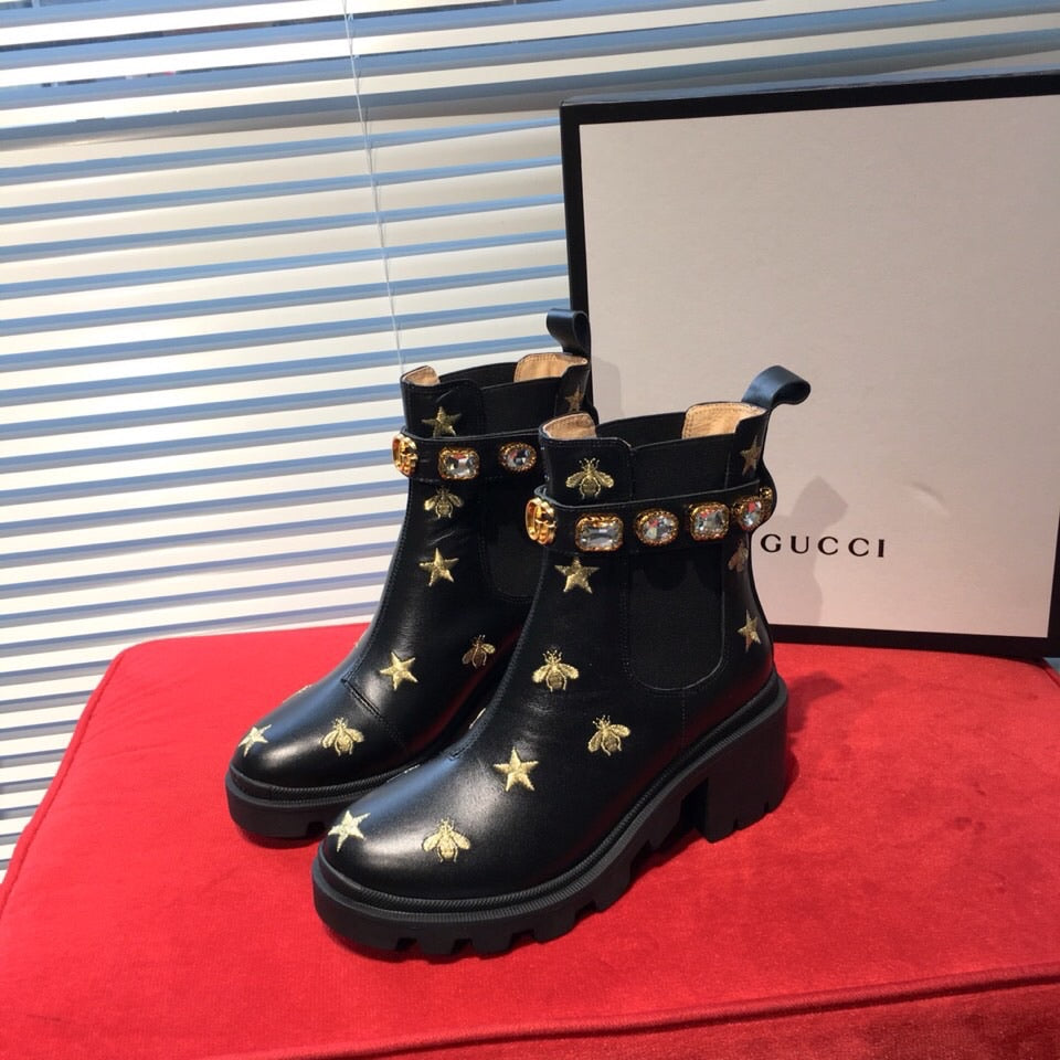Leather Embroidered Ankle Boots