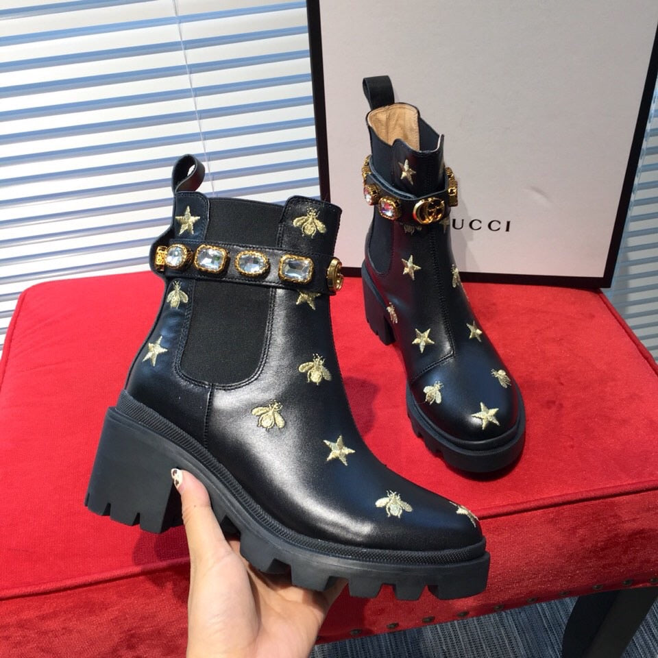 Leather Embroidered Ankle Boots