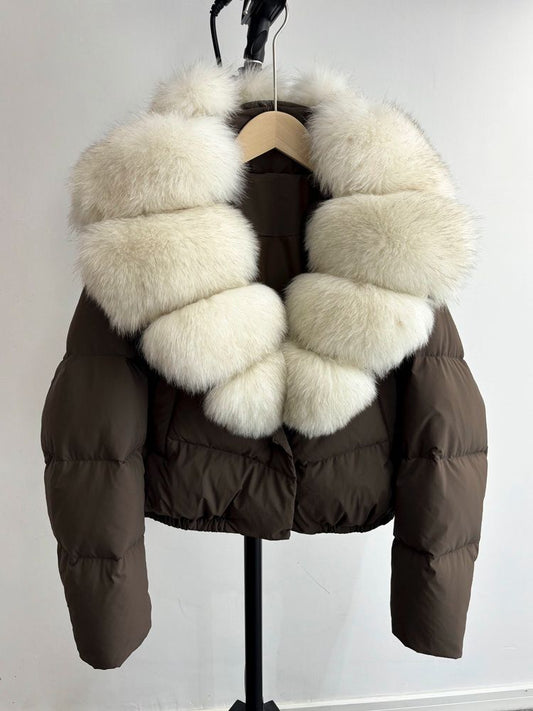 Chocolate brown & Cream fur cropped coat