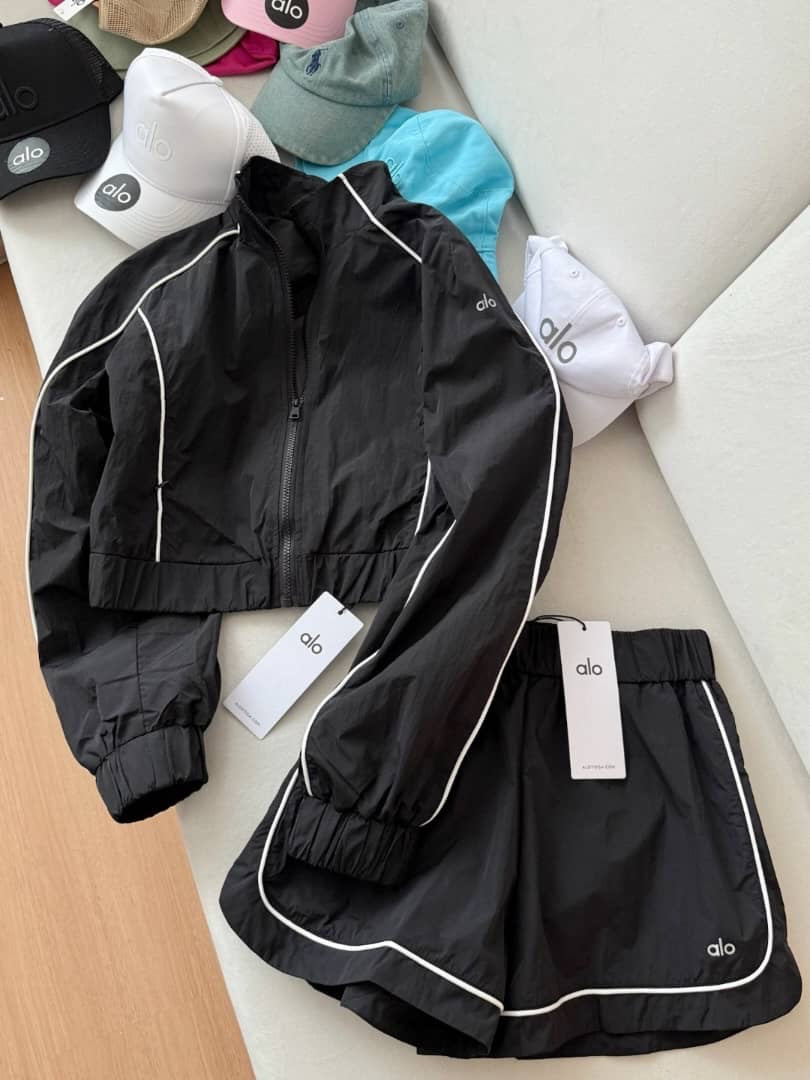 White, Black & Green Shorts Set