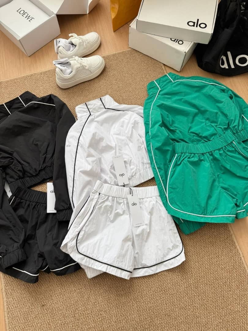 White, Black & Green Shorts Set